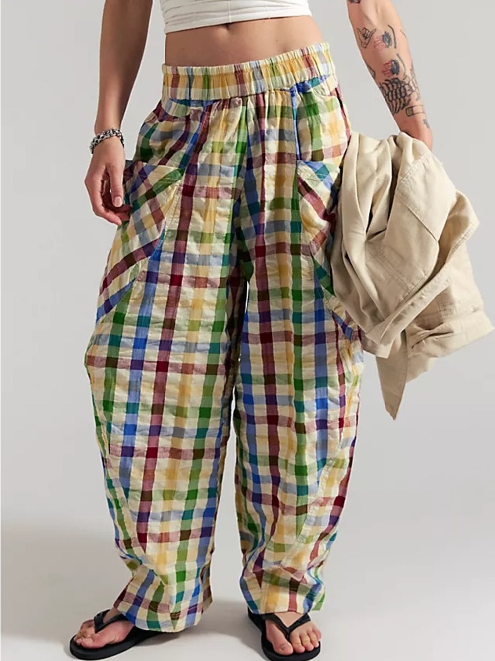FREE PEOPLE FP Freehold Gingham Pull-On Pants Colorful Plaid Relaxed Linen $128